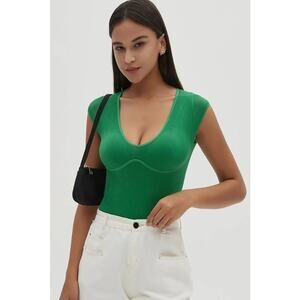 CHYRII Womens Sexy Summer V Neck Bodysuit Tops Short Sleeve Going Out Top Green
